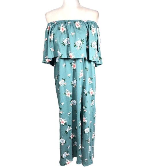 O'Neill Dress Womens 2X Green Floral Ruffle Kole Strapless Off Shoulder Maxi - Picture 7 of 13